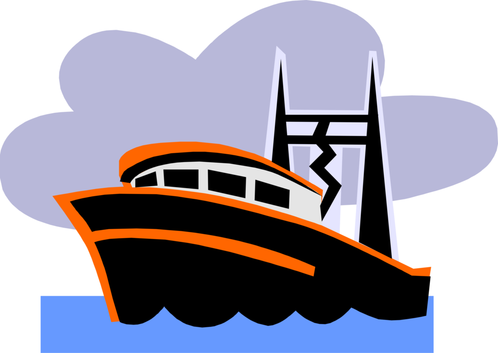 Vector Illustration of Commercial Fishing Trawler Boat Catches Fish in Ocean