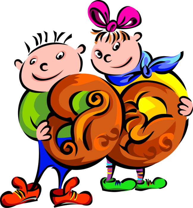 Vector Illustration of Children Holding Giant Baked Bread Pretzels