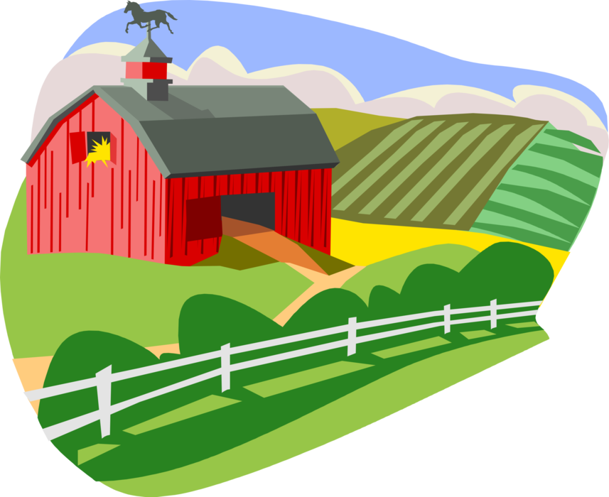 Vector Illustration of Verdant Pasture Farm Scene with Barn