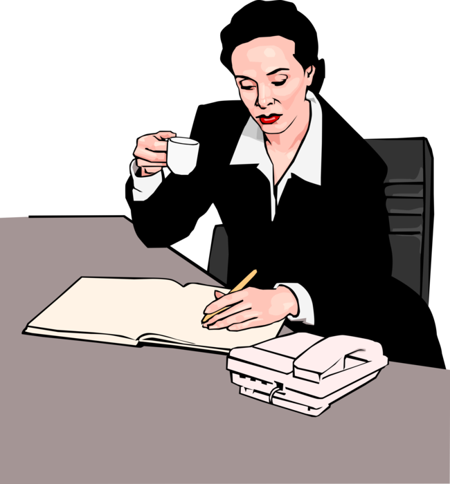 Vector Illustration of Businesswoman Checks Daily Agenda with Morning Coffee
