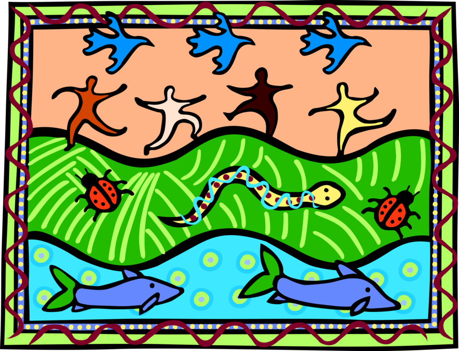 Vector Illustration of Native American Art with Birds, People, Insects, Reptiles and Sea Life