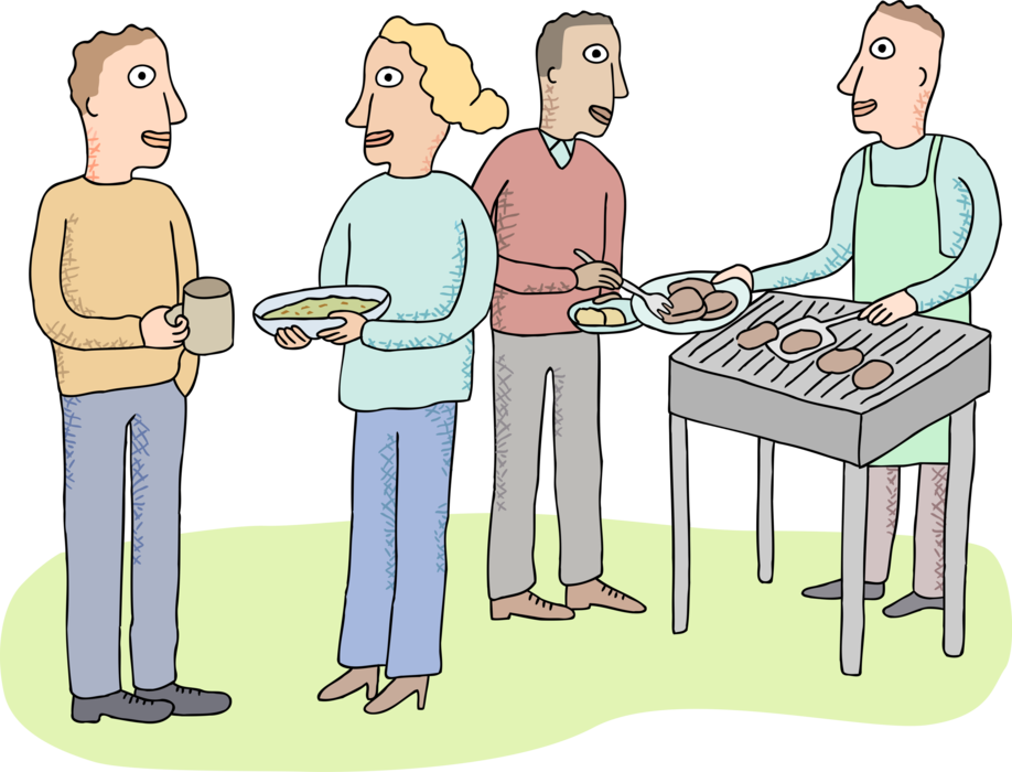 Vector Illustration of Office Barbeque with Colleagues and Grill Master Chef