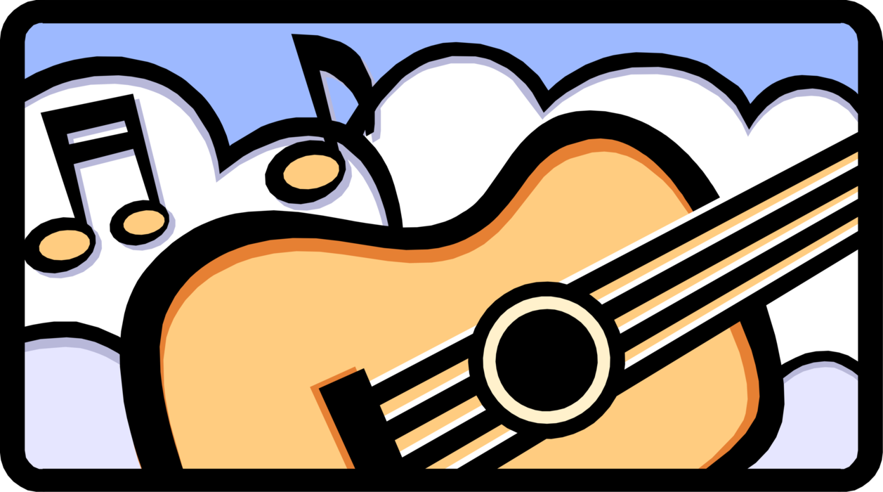 Vector Illustration of Acoustic Guitar Stringed Musical Instrument with Musical Notes