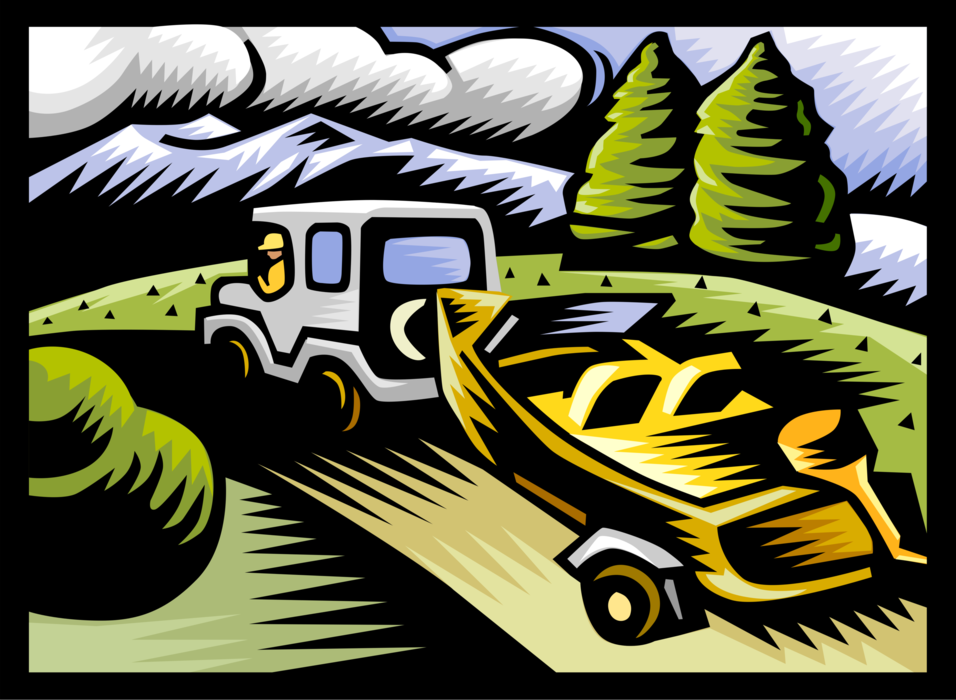 Vector Illustration of Summer Weekend Jeep Vehicle Towing Boat and Motor Watercraft