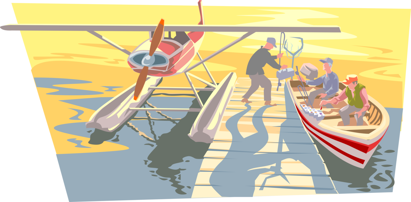 Vector Illustration of Pontoon Plane with Fly-In Fishermen in Fishing Boat on Lake