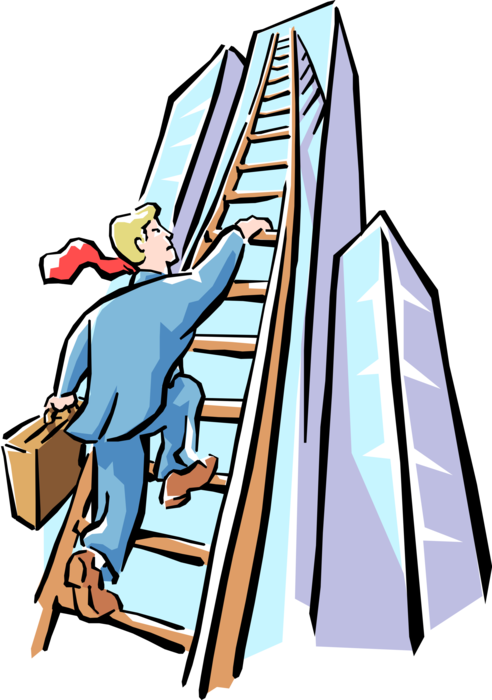 Vector Illustration of Businessman Climbing Ladder to the Top
