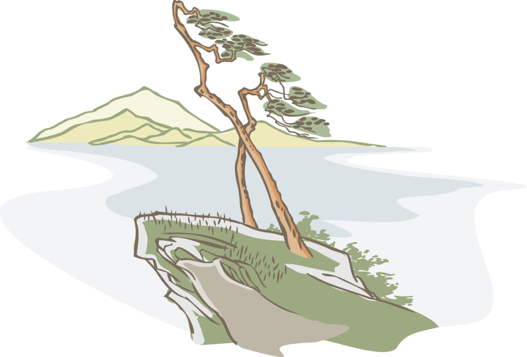 Vector Illustration of Trees on Rocky Outcrop with Mountains