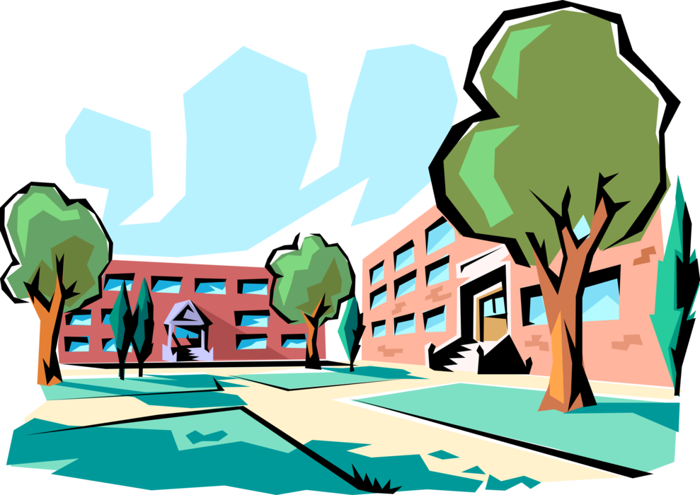 Vector Illustration of Urban Metropolitan City School Building with Trees
