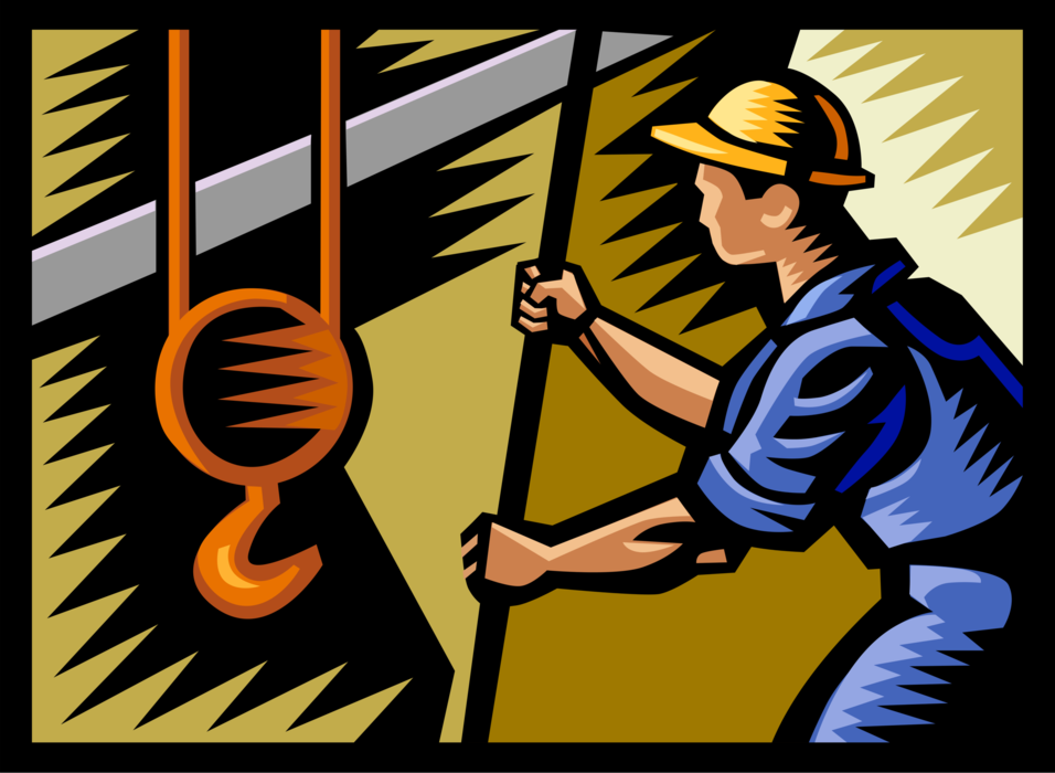 Vector Illustration of Construction Worker with Crane Lifting Hook