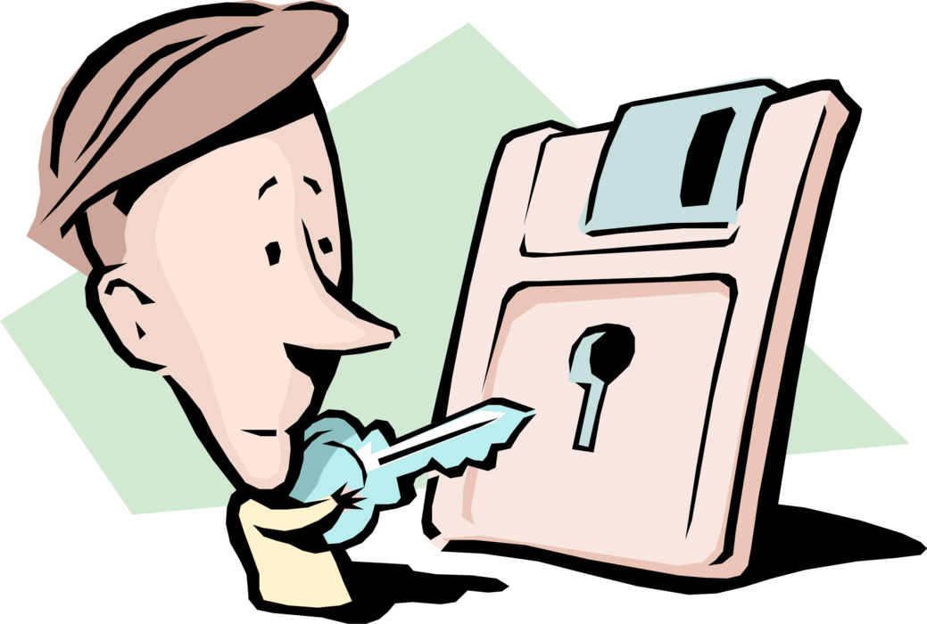 Vector Illustration of Businessman with Key Cut to Fit into Padlock Lock and Digital Storage Diskette