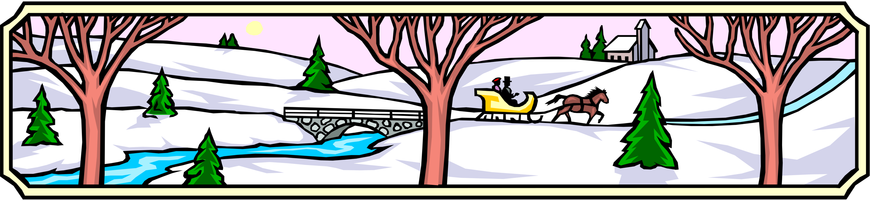 Vector Illustration of Winter Country Scene Banner with Horse Drawn Carriage and Snow
