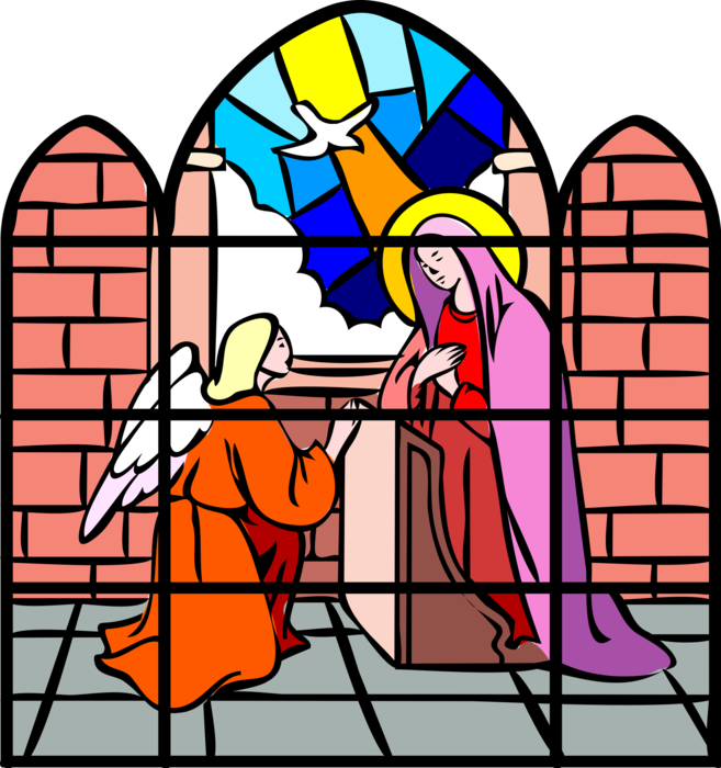 Vector Illustration of Mary, Mother of God Receives the Holy Spirit Stained Glass Window