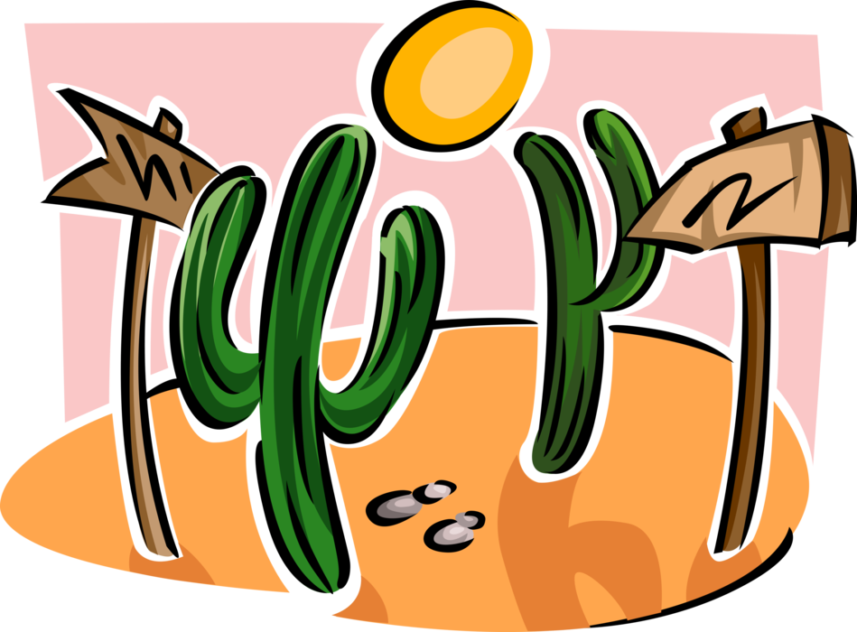 Vector Illustration of Desert Vegetation Succulent Cactus Trees with Direction Signs and Sun