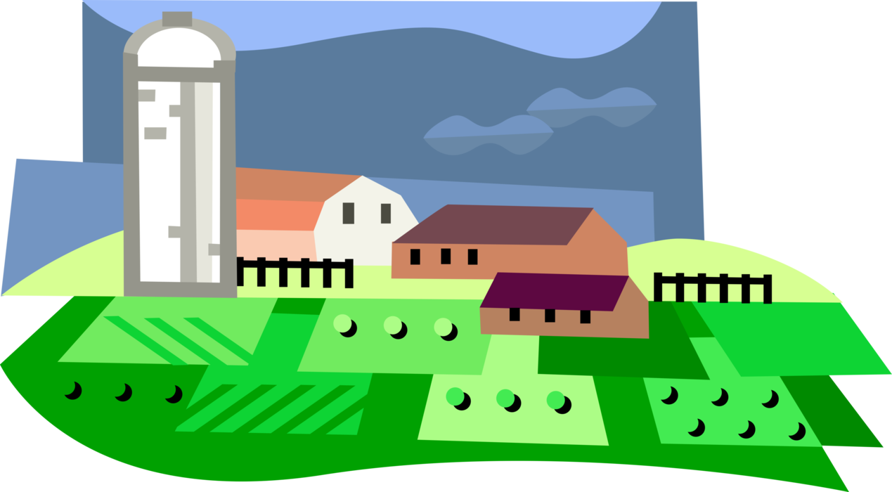Vector Illustration of Farm Scene with Barns and Grain Storage Silo