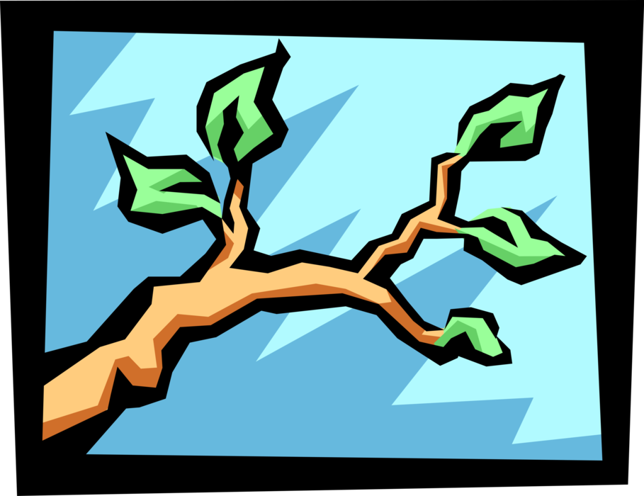 Vector Illustration of Deciduous Tree Branch with Leaves Sprouting