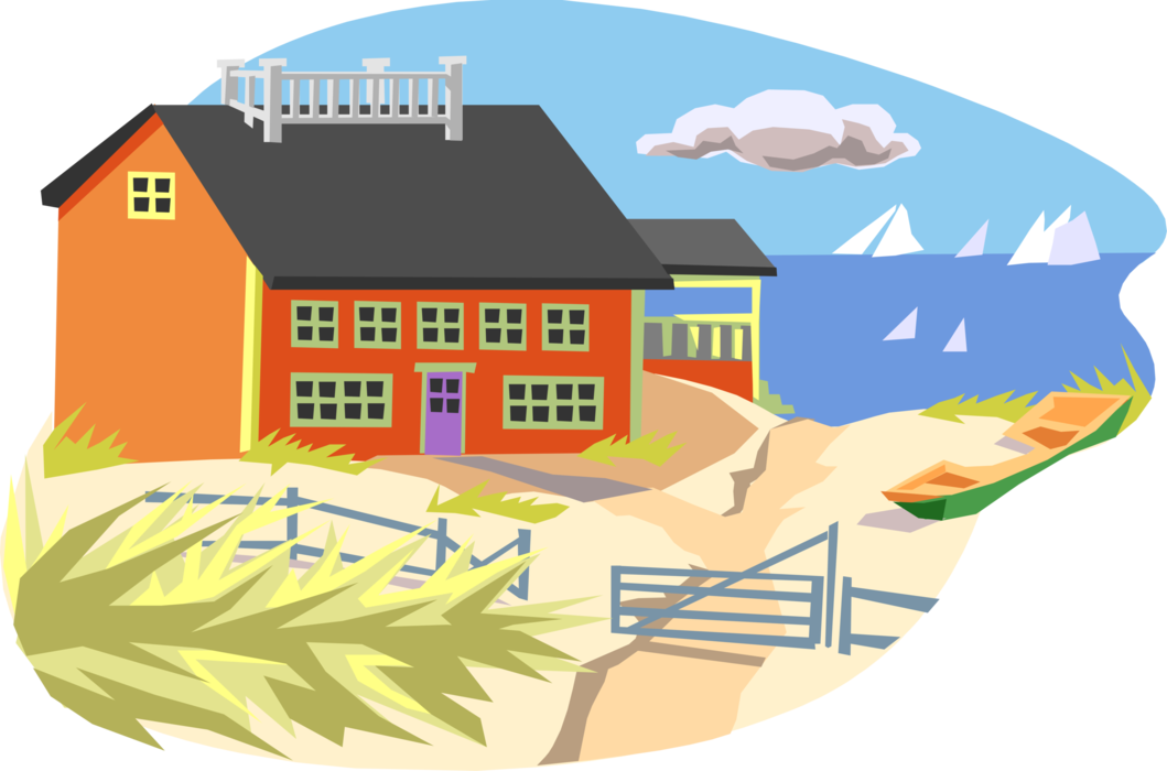 Vector Illustration of Seashore Beach House Sand Dunes and Sailboats