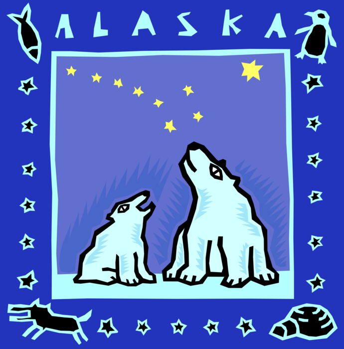 Vector Illustration of Alaska Polar Bears Look at Big Dipper Star Asterism in Night Sky