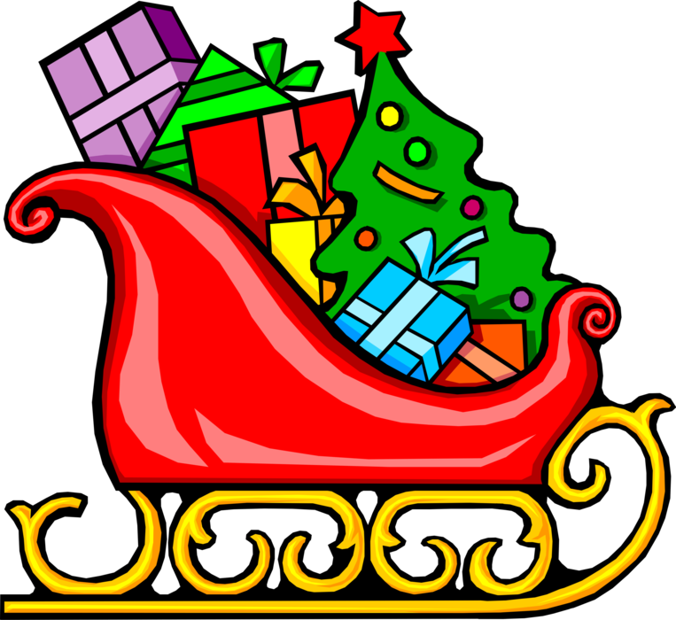 Vector Illustration of Santa's Sleigh Filled with Gifts and Christmas Tree