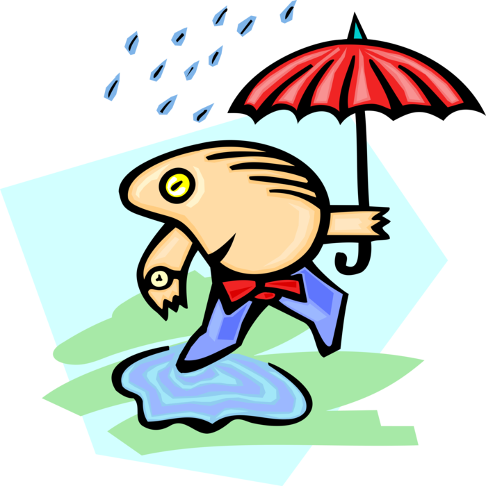Vector Illustration of Man with Umbrella or Parasol Rain Protection Walking Through Puddle
