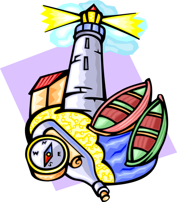 Vector Illustration of Lighthouse Beacon with Boats and Navigation Compass
