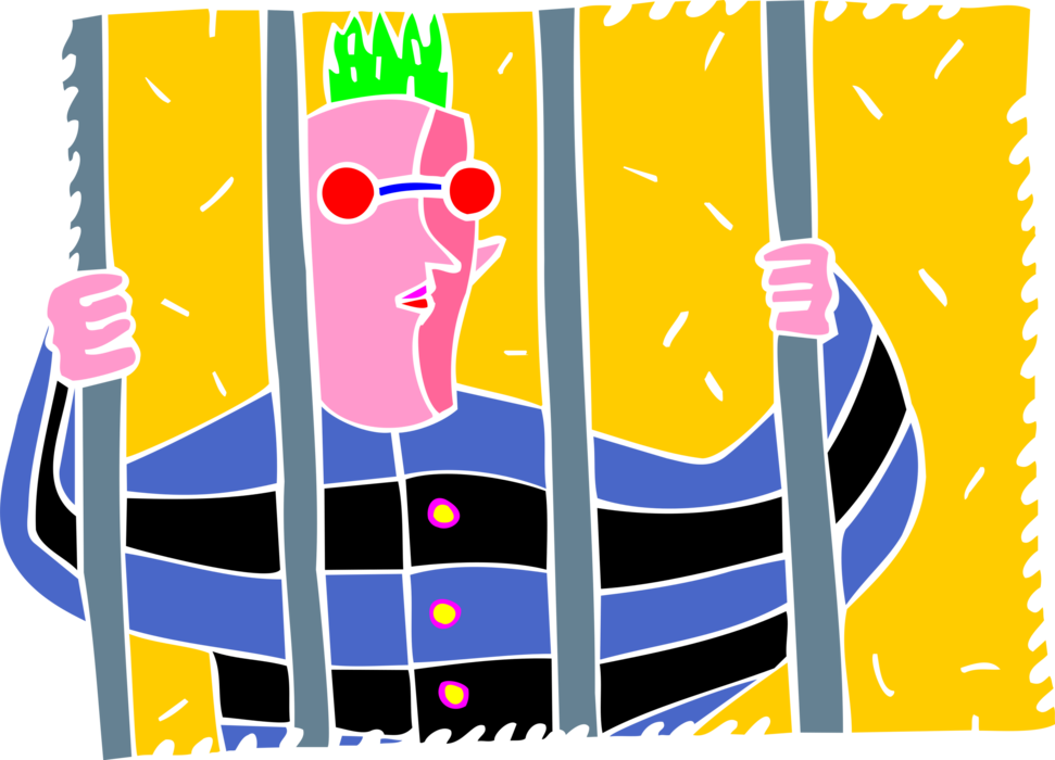 Vector Illustration of Incarcerated Inmate Prisoner Behind Bars in Prison Jail