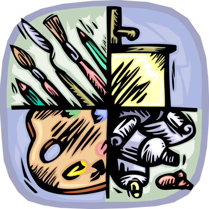 Vector Illustration of Visual Fine Arts Artist Tools with Paintbrushes, Easel, Palette and Oil Paints 