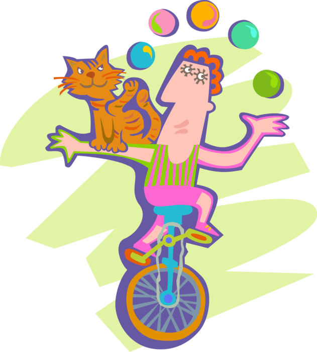 Vector Illustration of Big Top Circus Performer Juggling Balls and Riding Unicycle with Cat