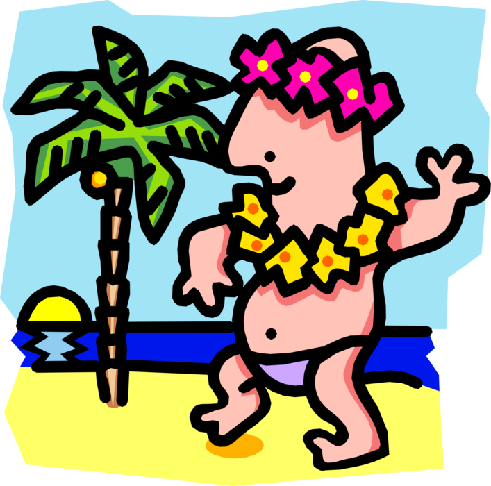 Vector Illustration of Vacation Goer Enjoys Traditional Hawaiian Luau with Sun, Sand and Sea