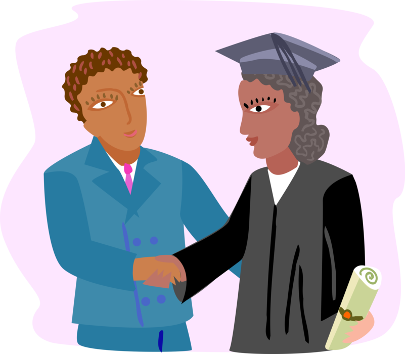 Vector Illustration of School Graduation Ceremony, Teacher Congratulating Student Graduate in Gown