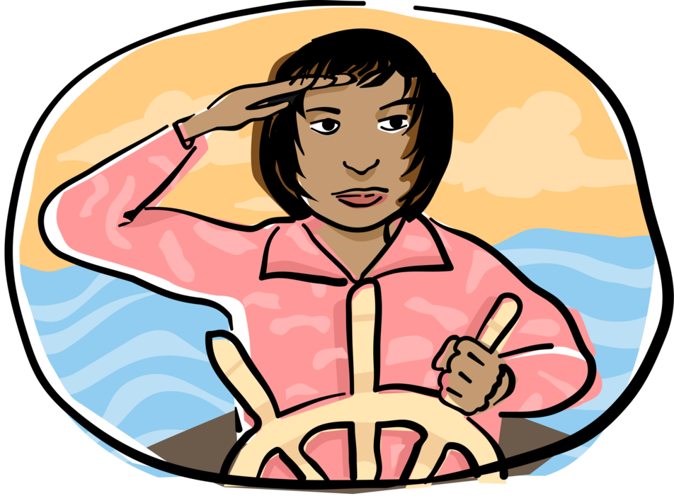 Vector Illustration of Woman at the Helm of Ship Navigates and Steers a Steady Course