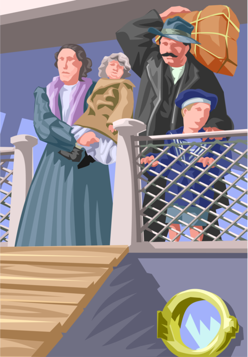 Vector Illustration of Ellis Island Immigrants Disembarking from Transatlantic Ocean Voyage