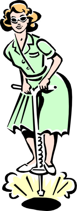 Vector Illustration of 1950's Vintage Style Woman Bouncing on Pogo Stick