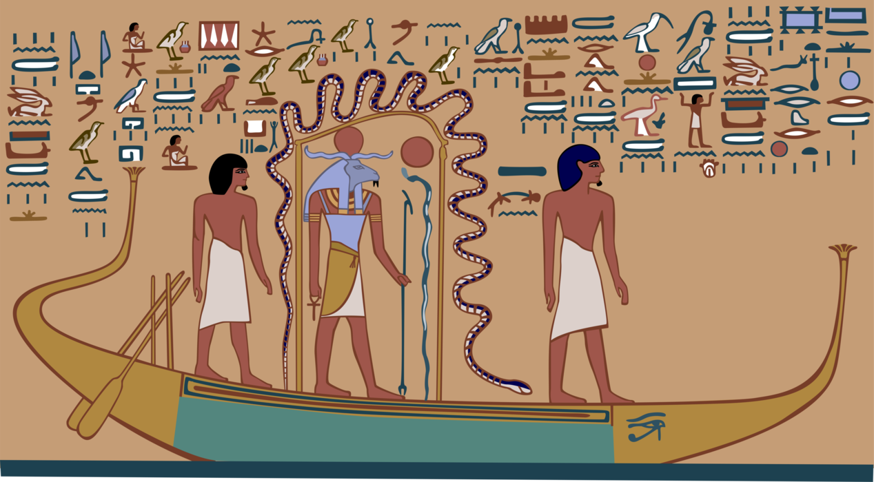 Vector Illustration of Ancient Egypt Egyptian Relief, Papyrus Reed Boat with God Khnum Ram-Headed Man