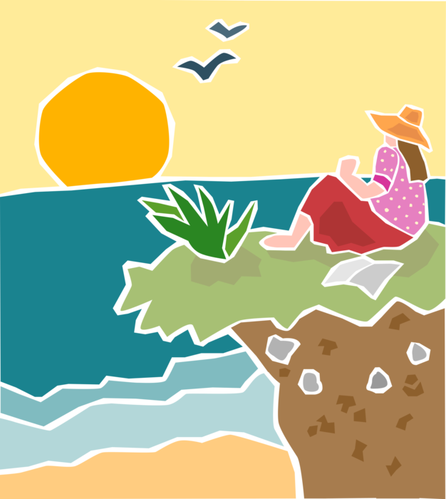 Vector Illustration of Girl Watching Sunset on Cliff with Ocean View