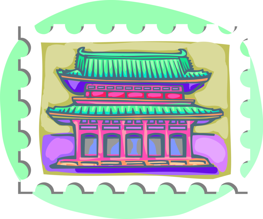 Vector Illustration of Postage Stamp of Chinese Pagoda Temple or Sacred Structure Architecture