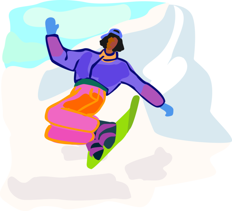 Vector Illustration of Winter Snowboarder Snowboarding Down Snow Covered Slope on Snowboard