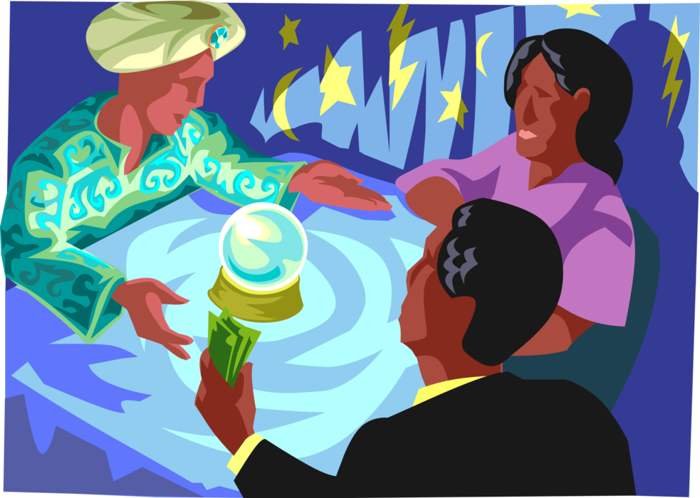 Vector Illustration of Businessman Gazing Into Crystal Ball as Fortune Teller Reveals Secrets