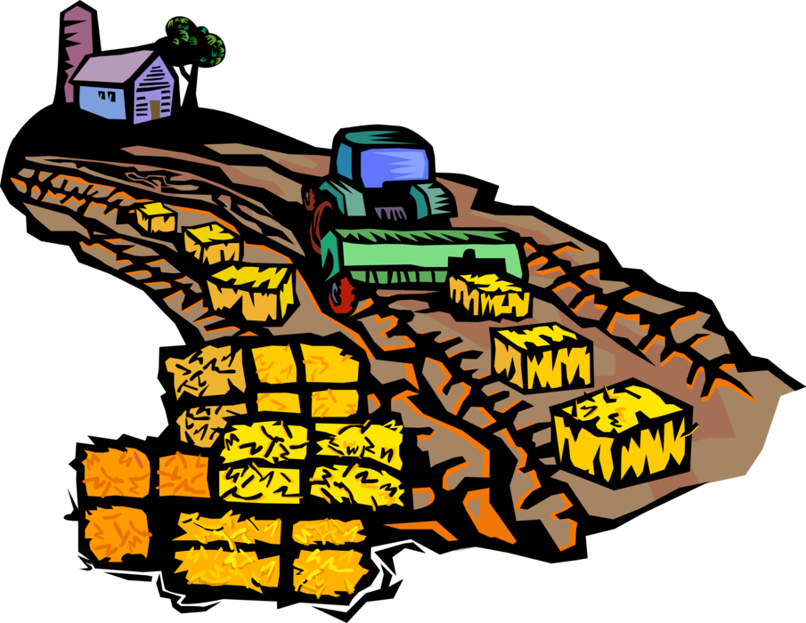 Vector Illustration of Farmer Creating Harvested Alfalfa Hay Crop Bales with Farm Tractor Equipment