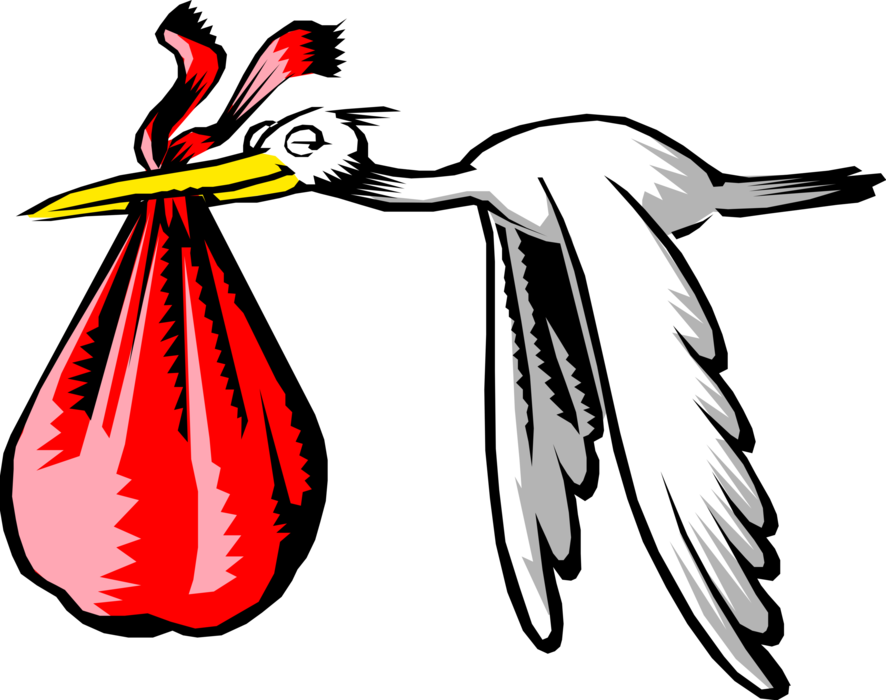 Vector Illustration of Stork Bird Flying and Carrying Red Bag 