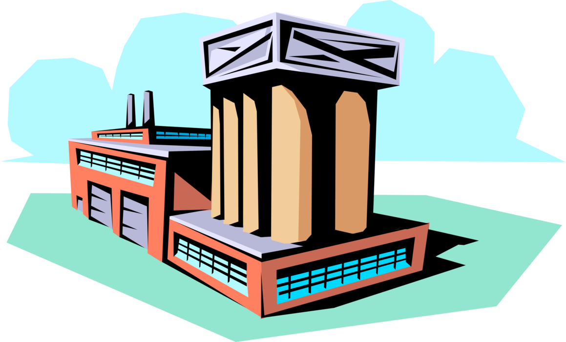 Vector Illustration of Industrial Manufacturing Factory Building with Smokestack Pollution