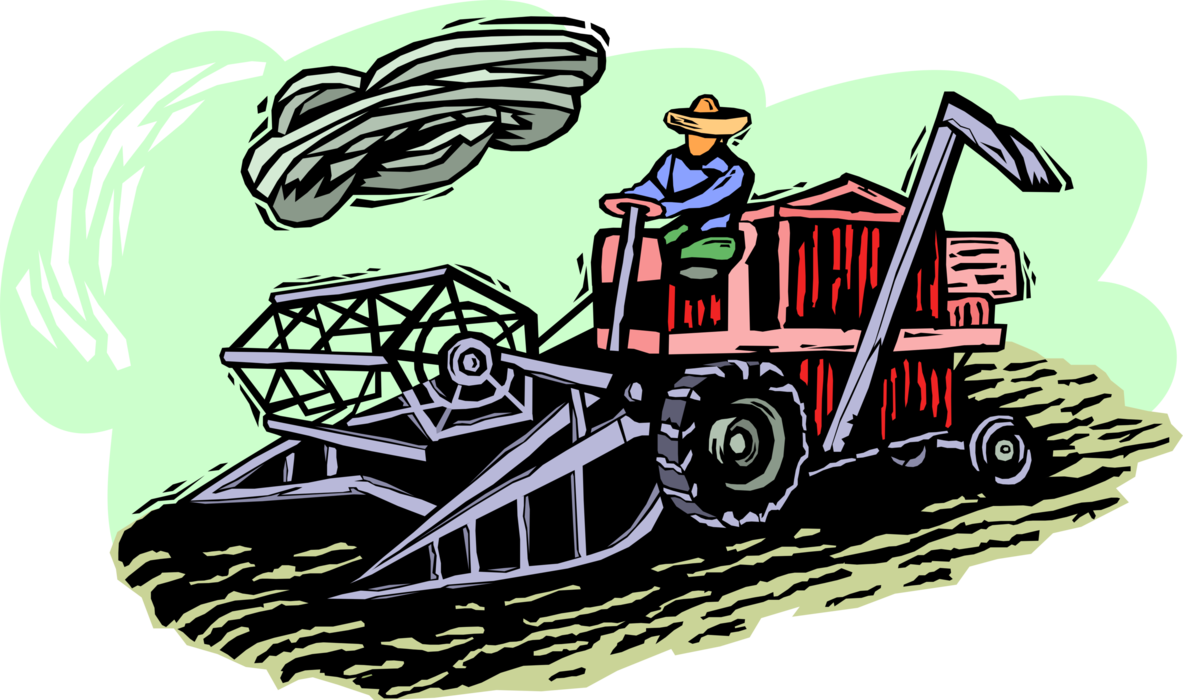 Vector Illustration of Farm Equipment Combine Harvester Harvests Grain Crops