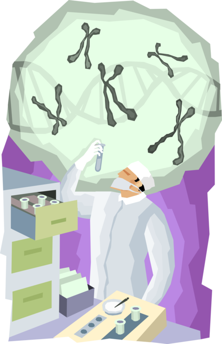 Vector Illustration of Human Genetics Cytogenetics Technicians Perform Microscopy Analyzing DNA Chromosomes