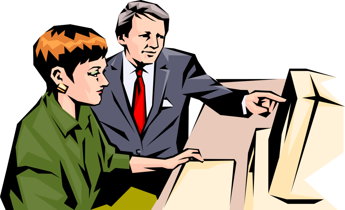 Vector Illustration of Office Manager Discusses Project with Colleague at Computer