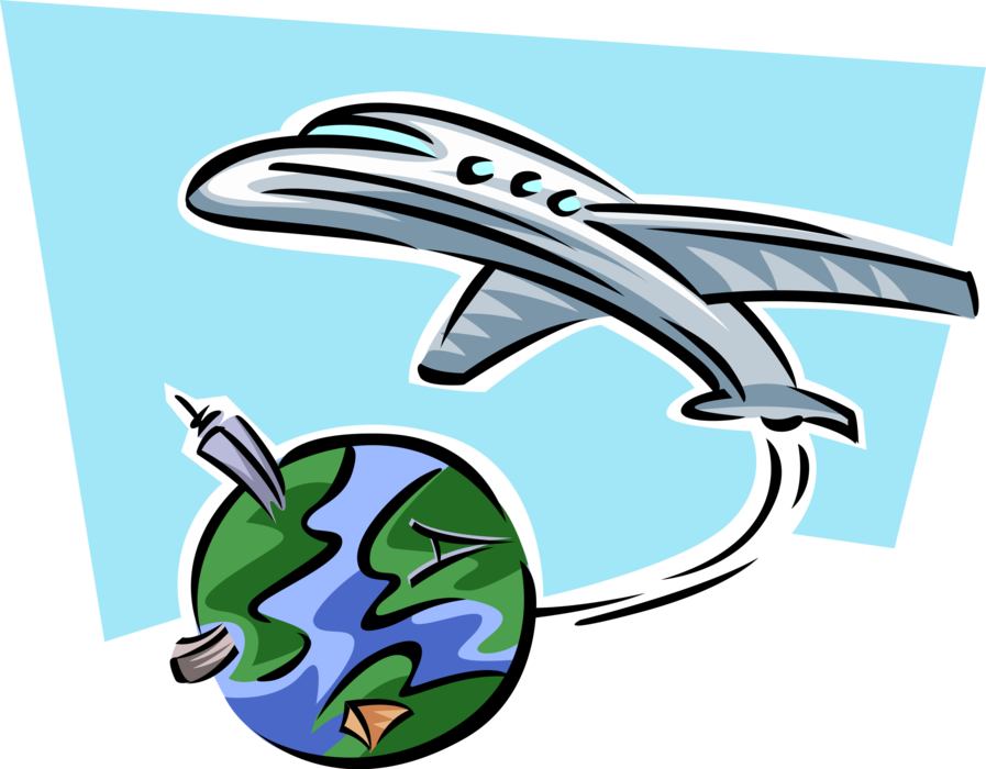 Vector Illustration of Intercontinental Airline Flight with Commercial Airplane Passenger Jet and Planet Earth