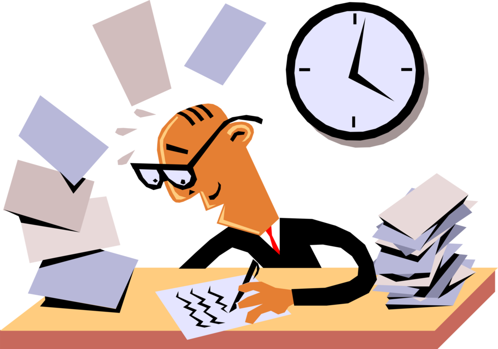 Vector Illustration of Businessman Frantically Racing to Meet Deadline Working at His Desk