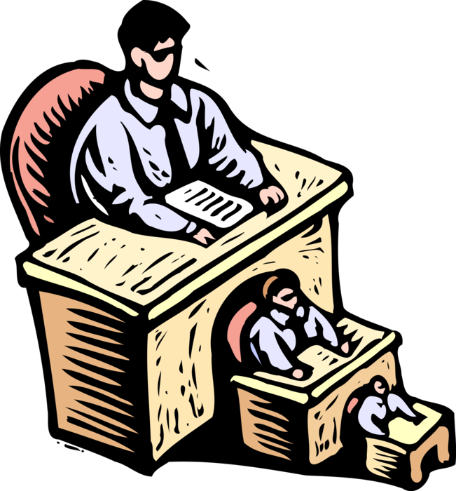 Vector Illustration of Business Organization Hierarchy in Decreasing Sizes Seated at Desks