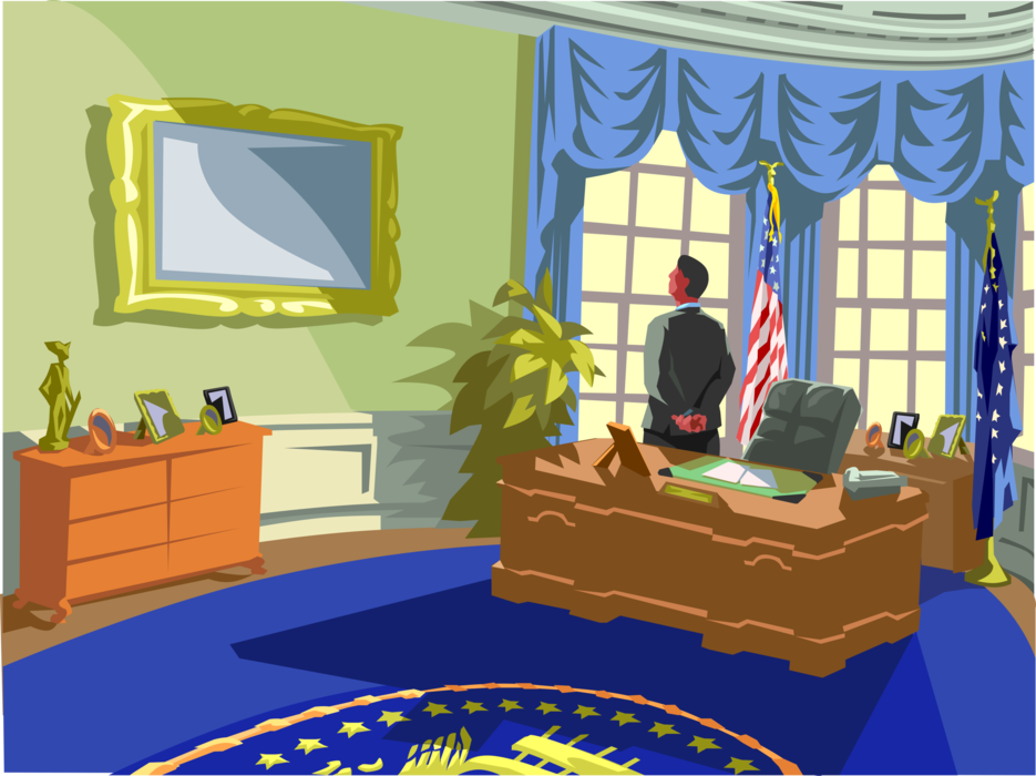 Vector Illustration of President of the United States Stands Inside the White House Oval Office