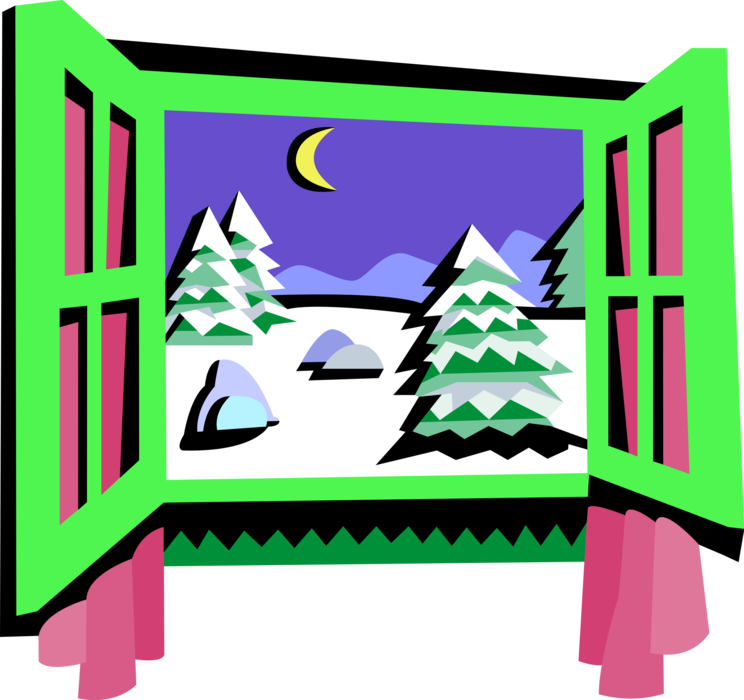 Vector Illustration of Open Window Reveals Winter Scene with Moon and Trees