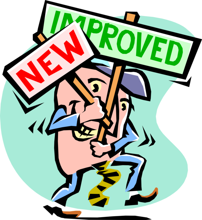 Vector Illustration of Big-Headed Businessman Holding New and Improved Signs