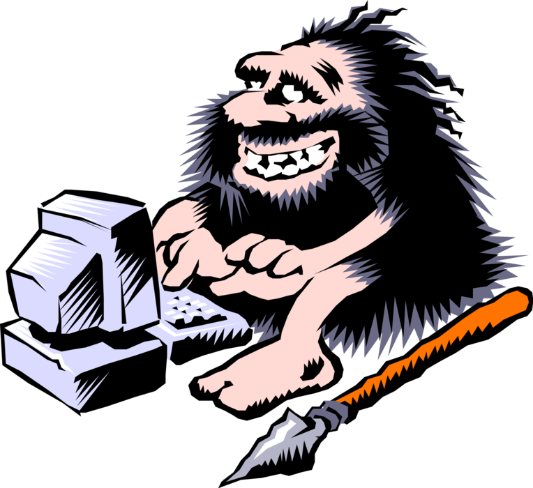 Vector Illustration of Prehistoric Neanderthal Stone Age Caveman Loves Getting on the Internet